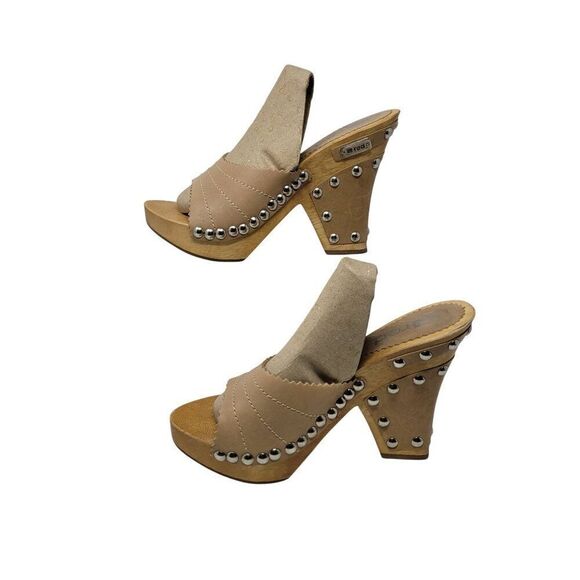 Vintage Tan Leather Wooden Platform Sandals Sz 7 Studded Open Toe Heel Brazil - Picture 5 of 16